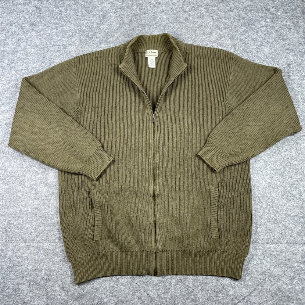 Vintage LL Bean Cardigan Sweater Mens XL-Tall Olive Green Full Zip Ribbed Jacket
